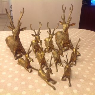 Vintage Set Of 10 Solid Brass Sitting Deer Statue