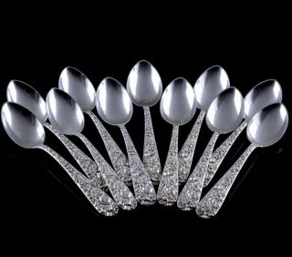 Set 11 Kirk & Son Sterling Silver Floral Repousse Demitasse Tea Or Coffee Spoons