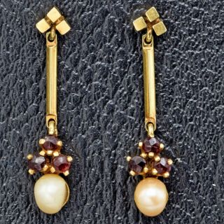 Vintage 14k Yellow Gold Sea Pearl & Garnet Dangle Earrings 30.  3x6.  5 Mm