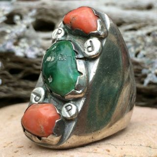 Giant Vintage Native American Navajo Sterling Turquoise Coral Cast Ring Sz 11.  5