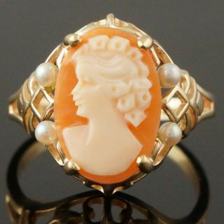 Vintage Solid 14k Gold Filigree,  Carved Shell Cameo & Seed Pearl Estate Ring,  Nr