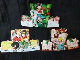 Set of 10 Vintage Die Cut Stand Up Christmas Cards 1950’s Tri Fold Greet 2