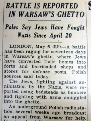 1943 Ww Ii Ny Times Newspaper Judaica Jews Begin Fight In Warsaw Ghetto Vs Nazis