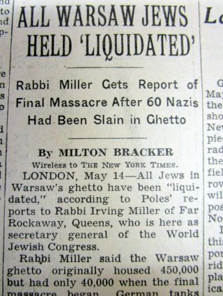 1943 Ww Ii Ny Times Newspaper Nazis Destroy Warsaw Ghetto Jews Killed Holocaust
