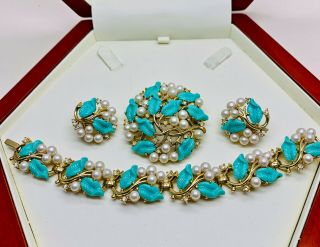 Vintage Signed Crown Trifari Turquoise Leaf/pearl Bracelet/brooch/earrings Set