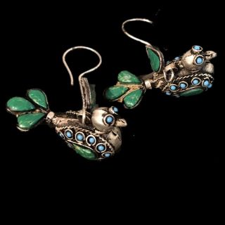Very Rare Gandhara Ancient Silver Bird Earrings With Blue/green Stone