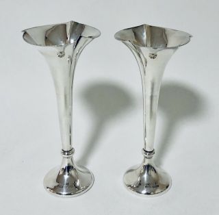 Pair Quality Antique Solid Sterling Silver Trumpet Vases 1907 Sheffield