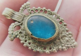 Wonderful Late Medieval Islamic Silvered Amulet With Blue Stone Inset