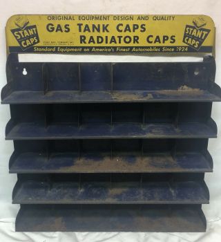 Vintage Stant Gas Tank Radiator Cap Metal Store Display Rack Oil Pump Auto