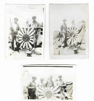 3 Ww2 Photos - Us Marines W/ Captured Japanese Flag On Okinawa - 1945