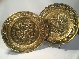 2 Vintage Embossed Hammered Brass Wall Plates England Tavern Scene Music Perfect