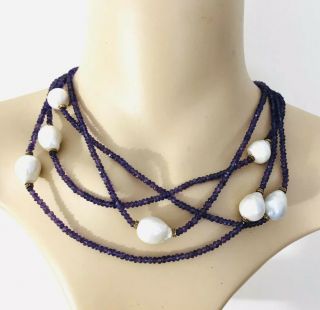 Fine Silver Gilt Amethyst And Large Pearl Flapper Necklace,  Cultured,  Heavy