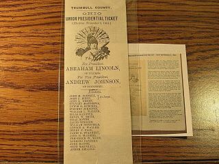 Presidential Election Ballot - Cast November 8,  1864 - Ohio Union Abe Lincoln Ticket
