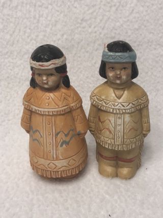 Vintage Native Am.  Indian Boy And Girl Bisque Hand - Painted Salt/pepper Shakers