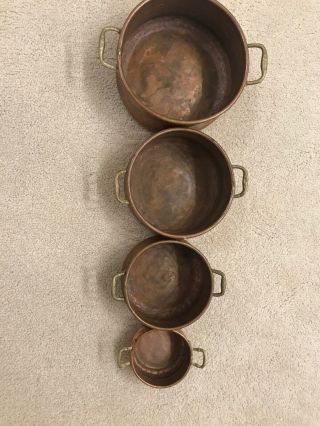 4 Vintage Nesting Copper Pots With Brass Handles Cookware Kitchen Decor