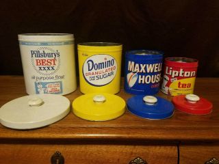 Vintage J.  L.  Clark Pillsbury,  Domino,  Maxwell House& Lipton Tea Canister Set