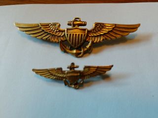 Wwii Us Navy Aviator Pilot Wings 2 3/4 " Full Sized And Mini 1 1/5 " 1/20 Gold Lgb