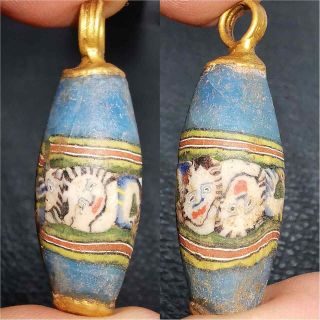 Old Wonderful Old Mosaic Glass Bead With Faces Made As Gold Plated Pendant 28