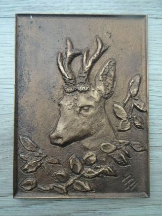 Signed Vintage German Bronze Relief Plaque Head Of A Deer Hunting Great Art Work