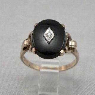 Vintage 10k Yellow Gold Black Onyx Cabochon With Diamond Ring 2.  8grams Size 6.  25