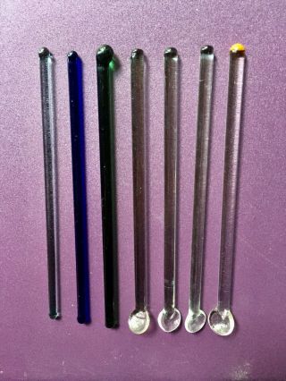Set Of 7 Vintage Clear & Color Glass Swizzle Sticks Cocktail Stirrers