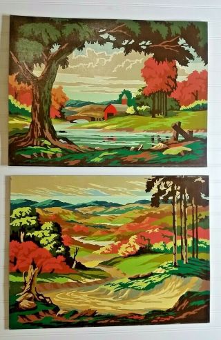 Vintage Mid Century 18 X 24 Paint By Number Paintings Barn Nature Fall
