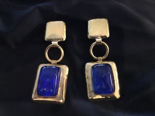 Designer Fps Frances Patiky Stein Vtg Gold Metal & Blue Glass Clip - On Earrings