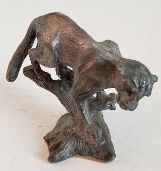 Handmade Pewter Wild Cat On Tree Cougar Leather Base Animal Figurine Paperweight