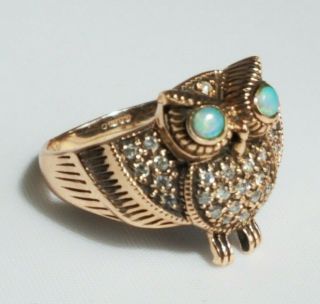 Vintage Ladies 10k Yellow Gold Opal And Diamond Owl Ring