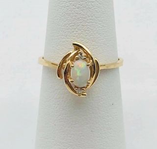 Lovely Vintage Solid 14k Yellow Gold Oval Opal And Diamond Ring Size 7.  75