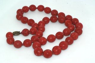 Vintage Chinese Export Carved Cinnabar 15mm Bead 28 " Necklace Strand