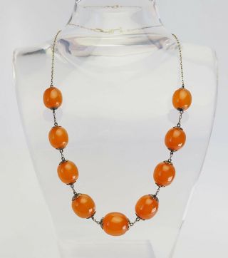 Vintage Modern Silver And Baltic Amber Olive Shape Bead Necklace