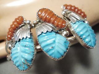 Statement Vintage Zuni Native American Turquoise Coral Sterling Silver Bracelet