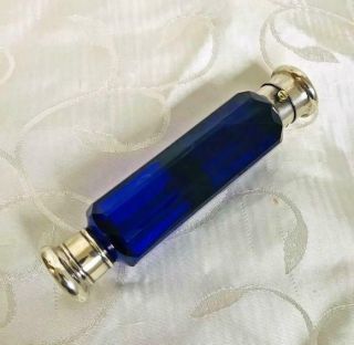 Antique Bristol Blue Double Ended Perfume Scent Bottle Silver Lids C1880