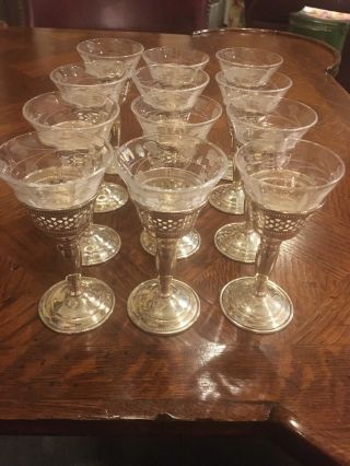 Sterling Silver & Etched Crystal Cordial Glasses - Set Of 12 - 1 Oz
