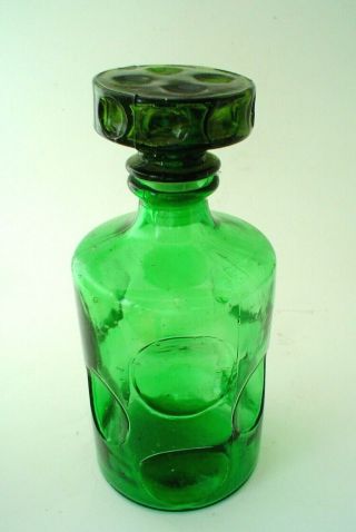 Vintage Green Art Glass Dot Press Decanter With Stopper