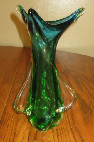 Vtg Chalet Canada Blue Green Clear 11 " Art Glass Flower Vase Hand Blown Heavy