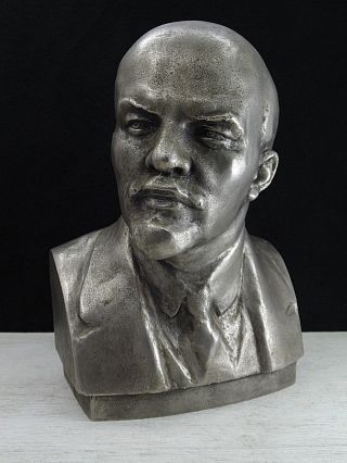 Lenin Large Bust Ussr Soviet Russian Metallic Statue Propaganda Signed
