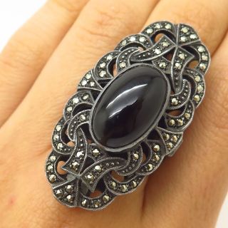 Vtg 925 Sterling Silver Black Onyx & Marcasite Extra - Wide Design Ring Size 7.  5