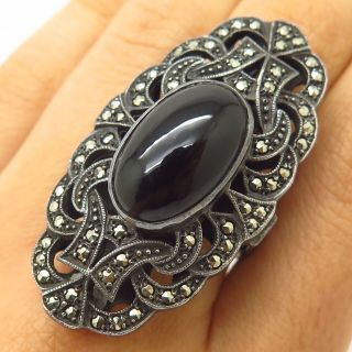Vtg 925 Sterling Silver Black Onyx & Marcasite Extra - Wide Design Ring Size 7.  5 2