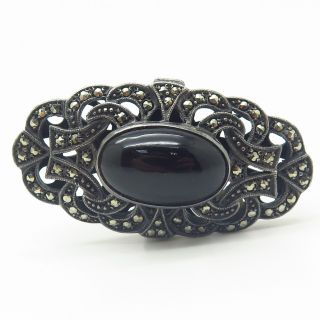 Vtg 925 Sterling Silver Black Onyx & Marcasite Extra - Wide Design Ring Size 7.  5 3