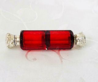 Antique Ruby Red Double Ended Perfume Scent Bottle Silver Lids C1880