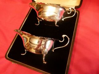 Stunning Cased 1938 Art Deco Solid Silver Gravy Or Sauce Boats.