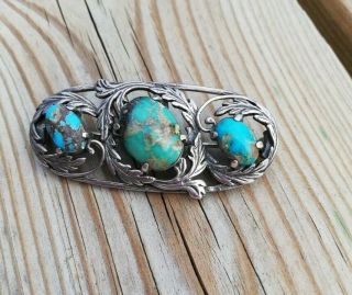 C1930 Pretty Arts And Crafts Silver And Turquoise Brooch With Draped Leaves