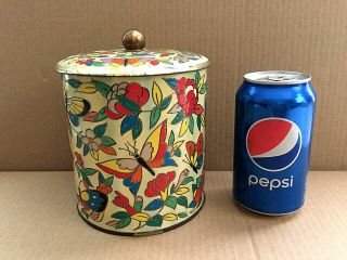 Vintage Daher Floral Butterfly Metal Tin Storage Container England 6 " T