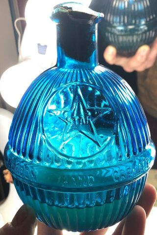 Hardens Light Cobalt Blue Star Hand Grenade Fire Extinguisher Antique Bottle