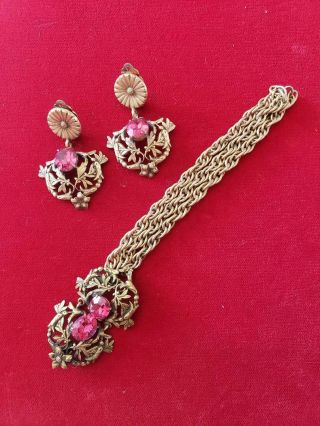 Vintage Gold Tone Joseff Of Hollywood Pink Bracelet & Earring Set