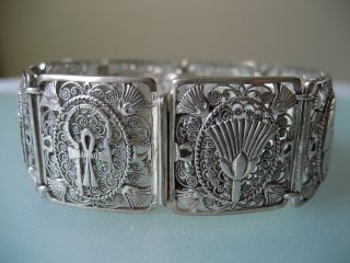 Vintage Art Deco Egyptian Revival 8 Panel Sterling Silver Bracelet 33.  9 Grams