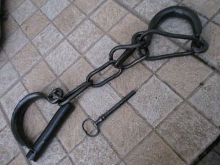 Antique Primitive Blacksmith Made Hand Forged Iron Spanish Handcuffs With Key