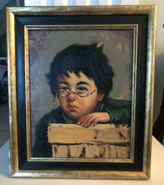 Vintage Oil Painting On Wood Sgned By Italian Artist Ciappa Crying Boy Portrait